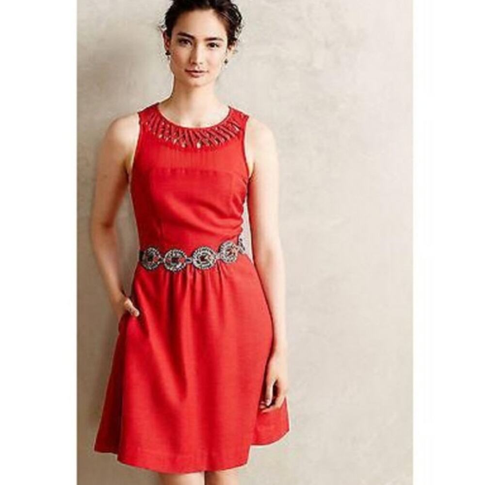 Anthropologie Maeve Lattice Neck Dress Red